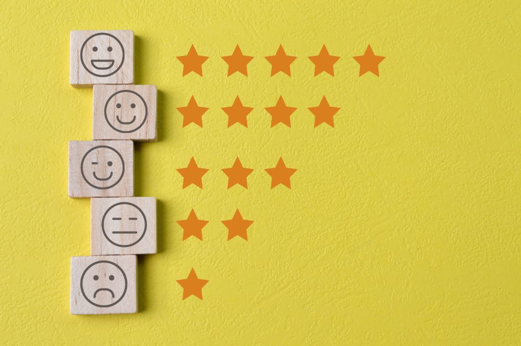 Face emotions with star ratings isolated on yellow background